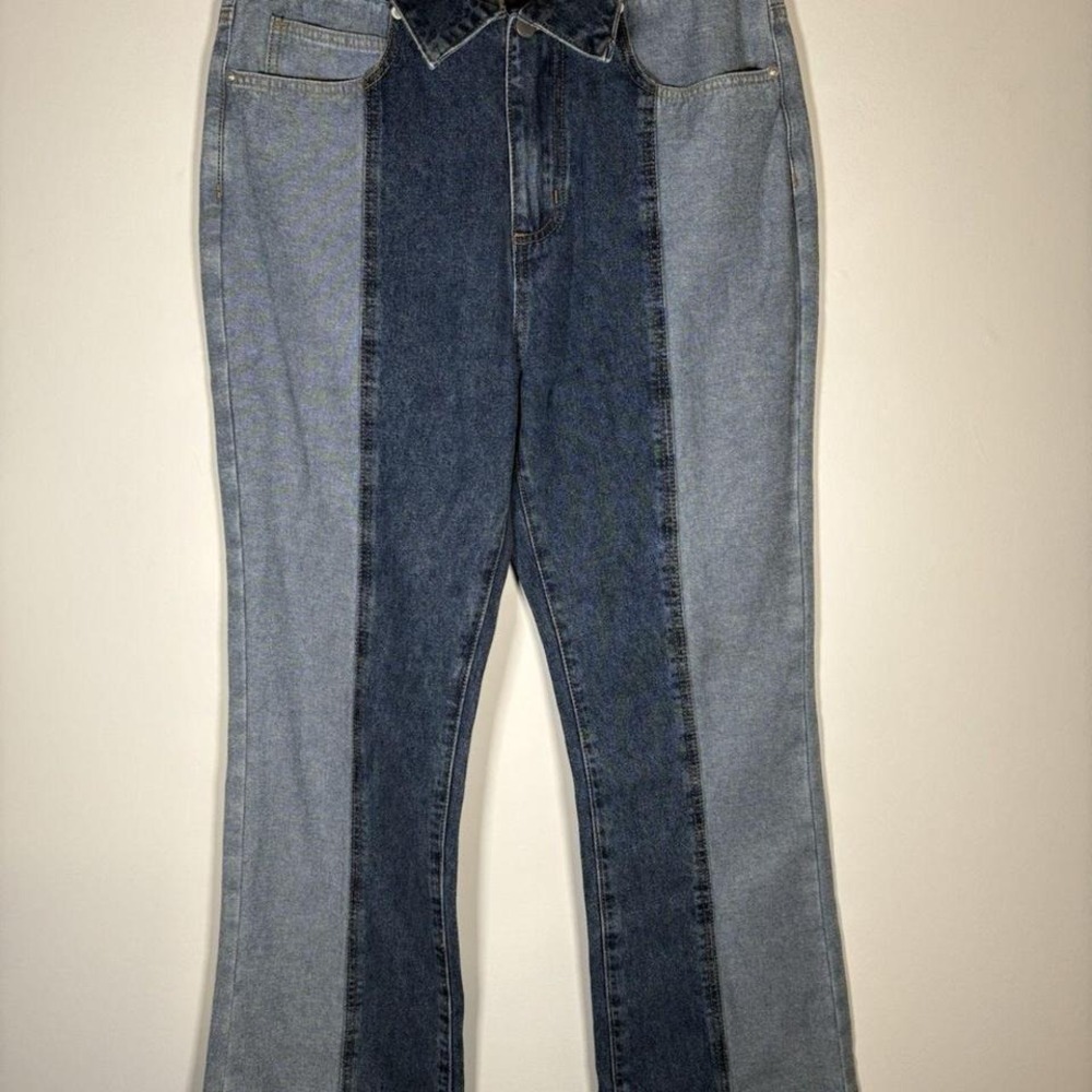 CIDER Color Block Stripe Straight Leg Jeans Shirt Collar Fold Front Waist Large